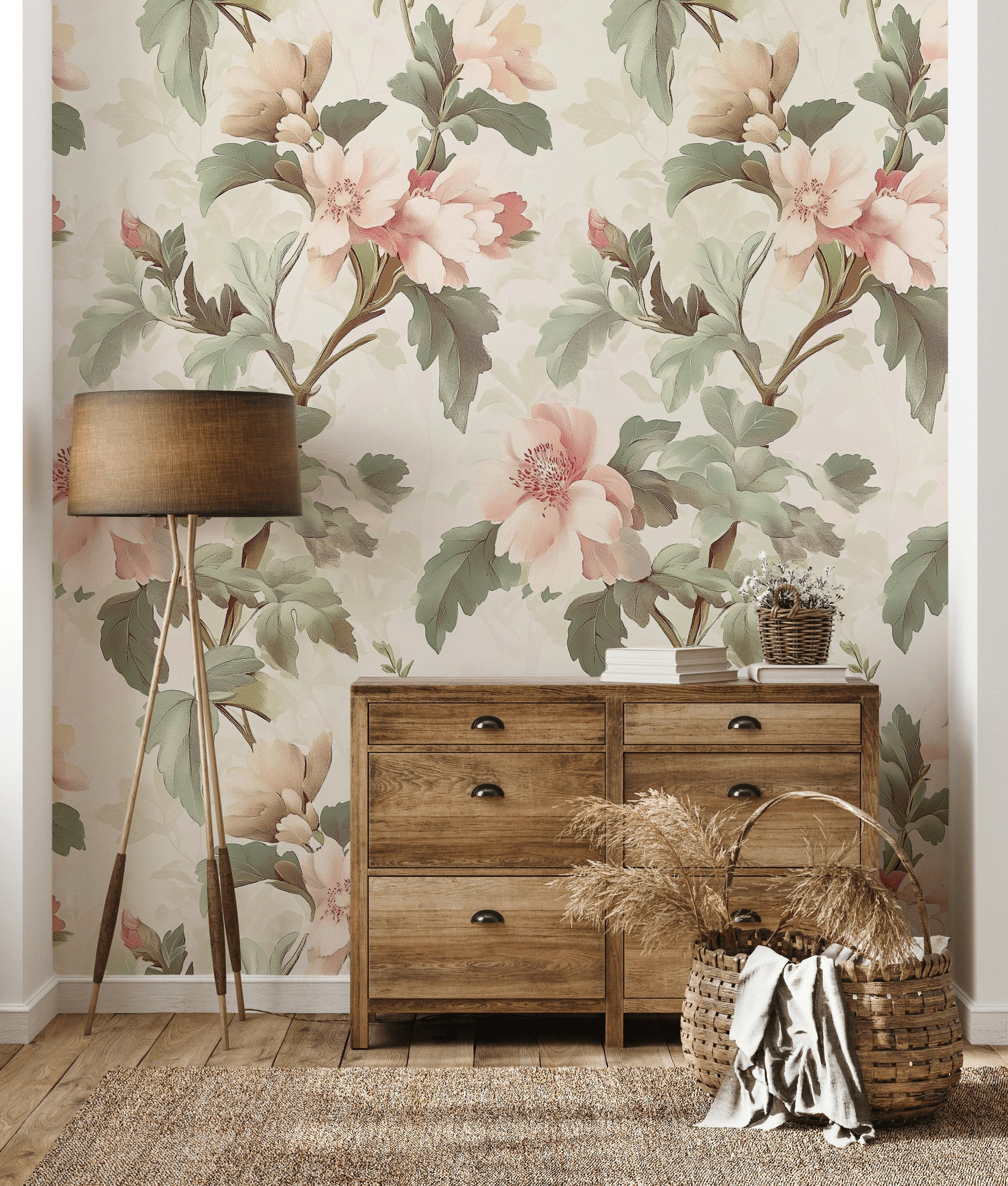Cream Peony and Foliage Floral Wallpaper