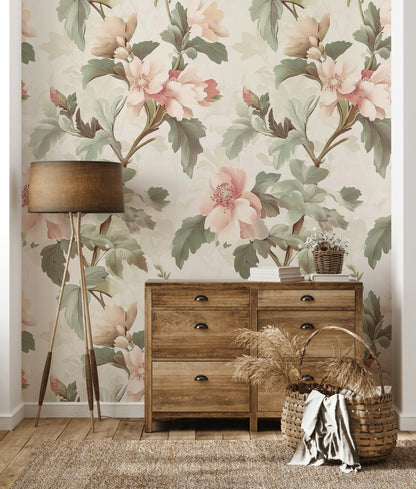 Cream Peony and Foliage Floral Wallpaper