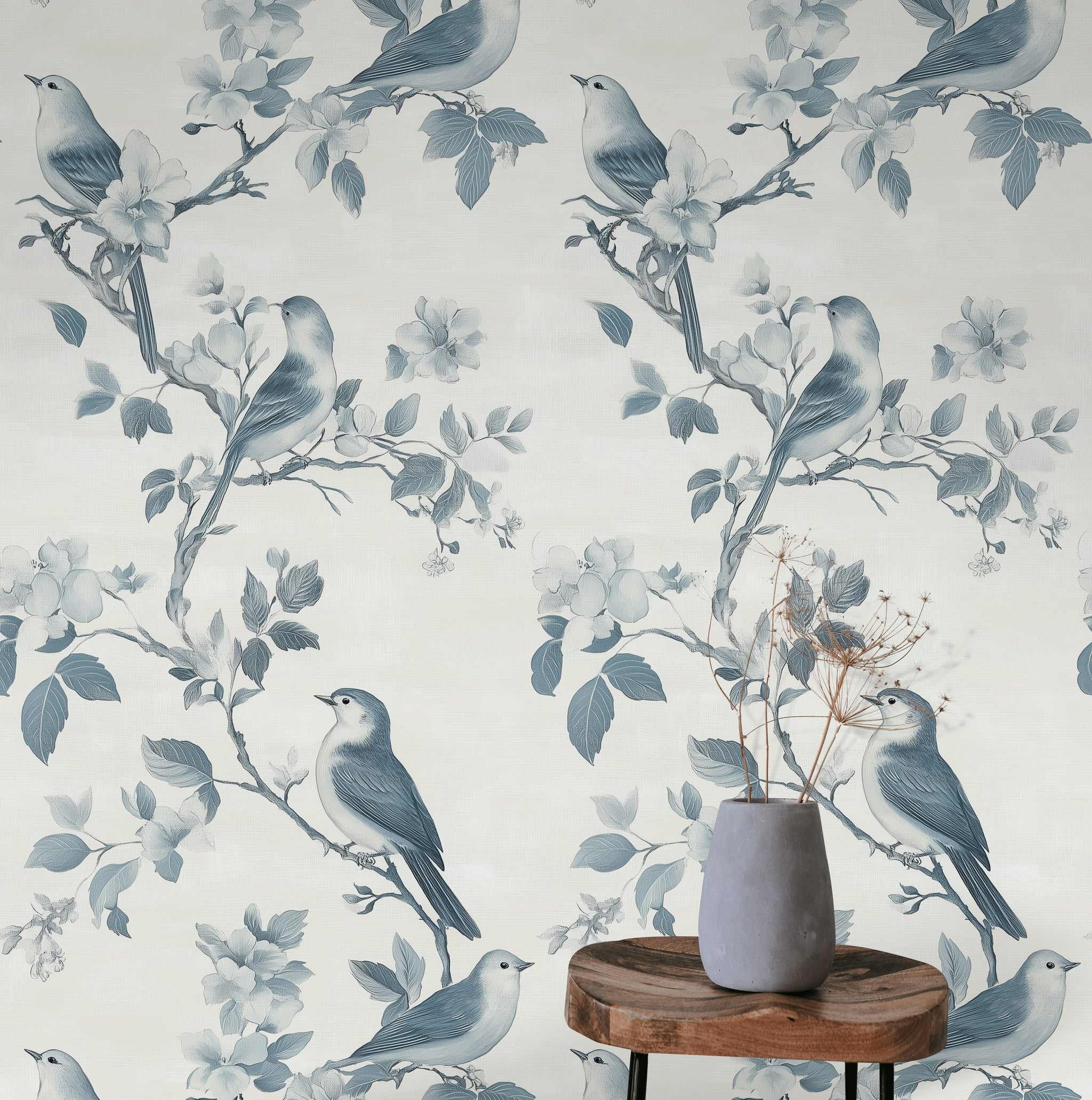 Cream and Blue Bird Floral Pattern Wallpaper