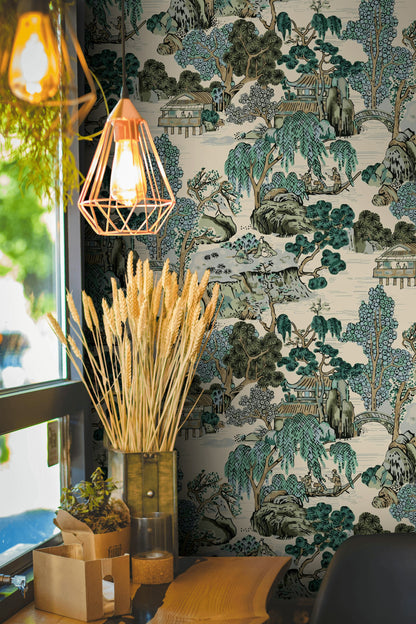 Beige Chinoiserie Landscape Wallpaper