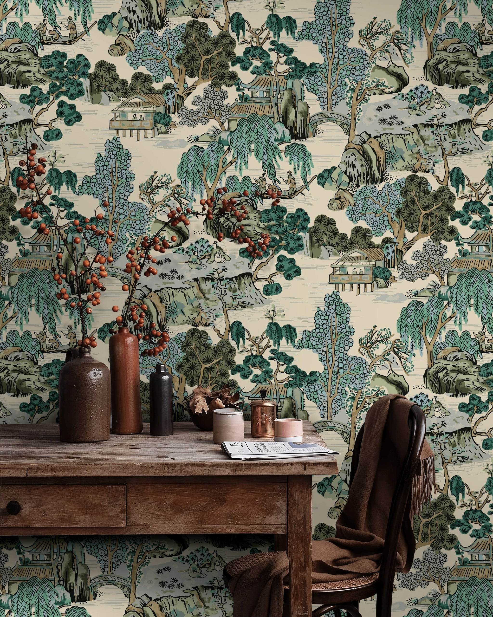 Beige Chinoiserie Landscape Wallpaper