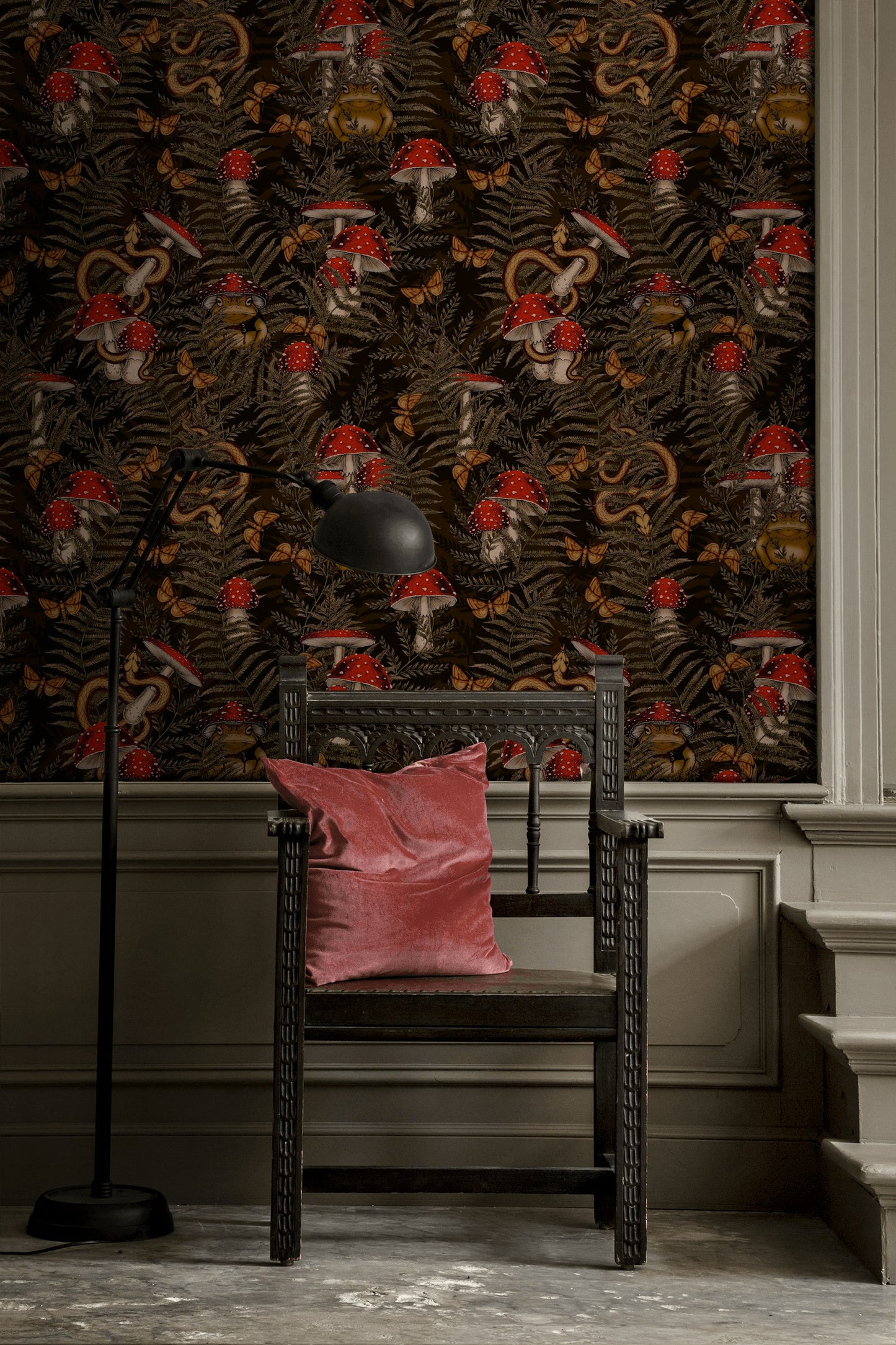 Mystical Forest Wallpaper Red Mushroom Snake Frog Pattern