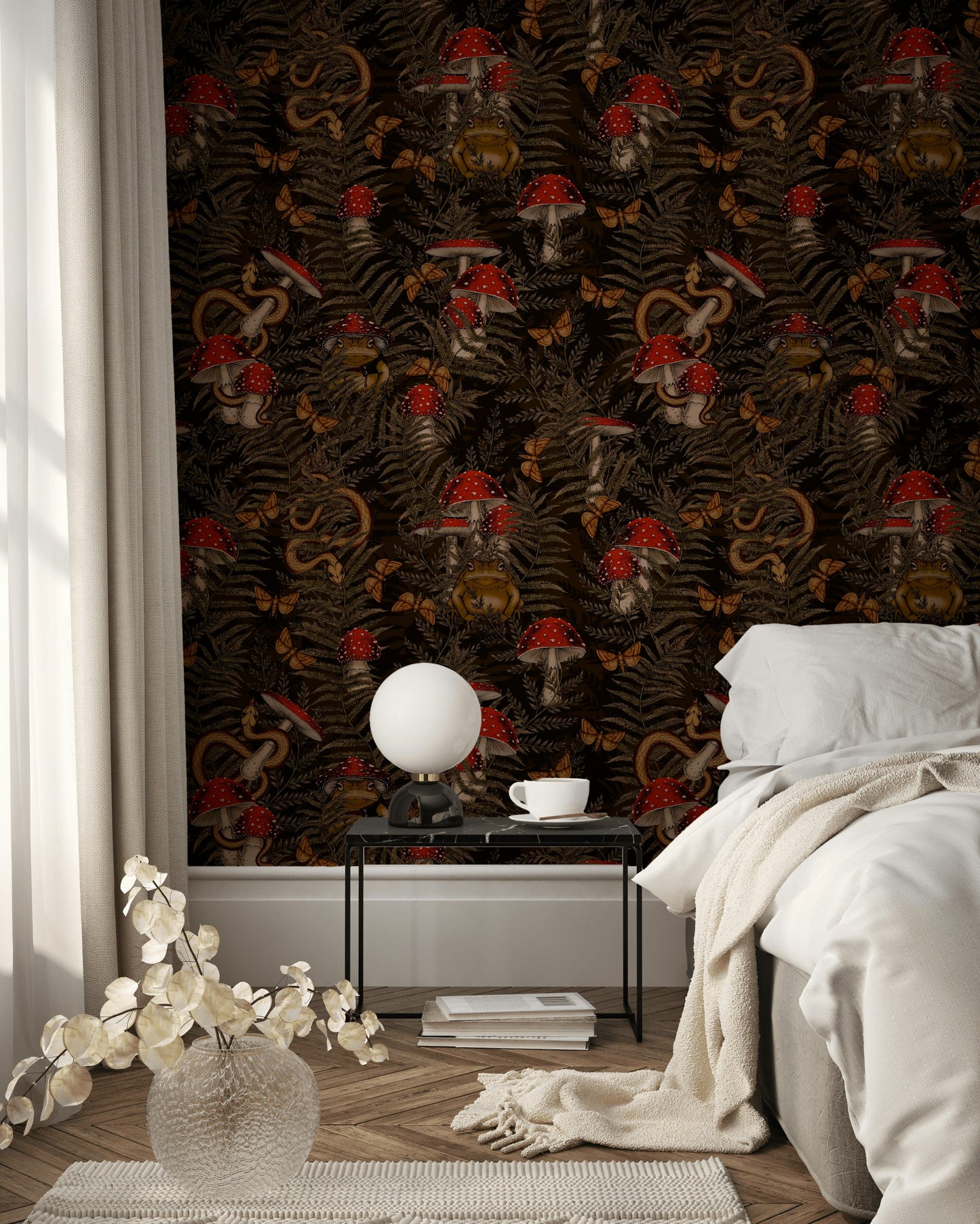 Mystical Forest Wallpaper Red Mushroom Snake Frog Pattern