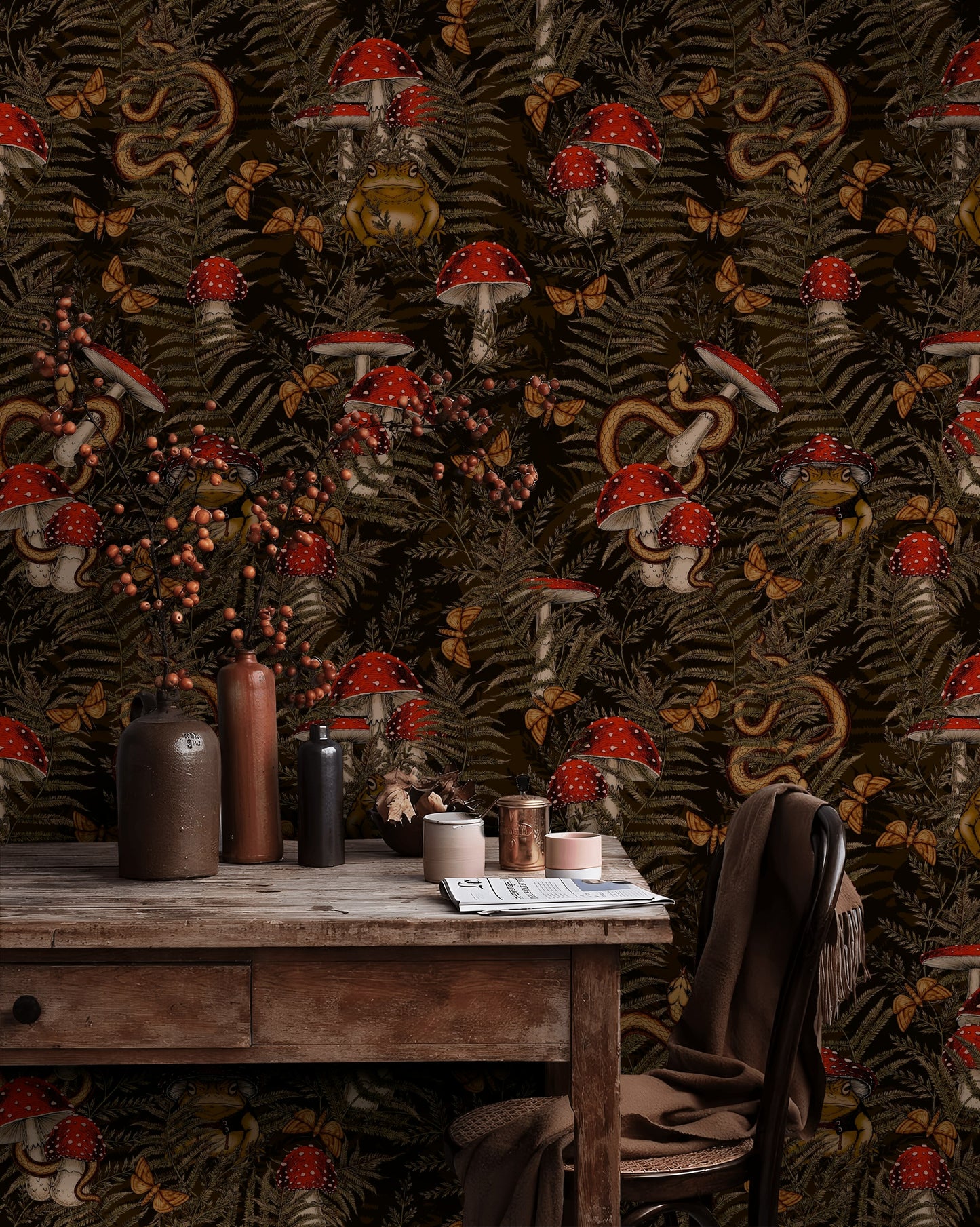 Mystical Forest Wallpaper Red Mushroom Snake Frog Pattern