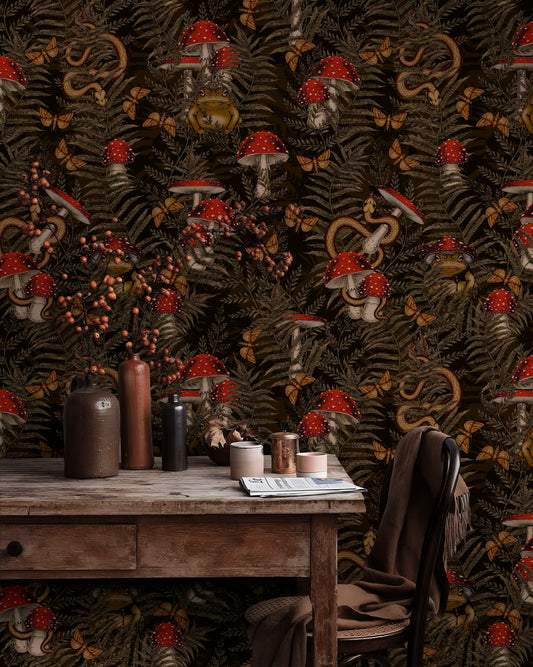 Mystical Forest Wallpaper Red Mushroom Snake Frog Pattern