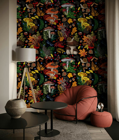 Vibrant Multicolor Forest Fungi and Leaves Wallpaper