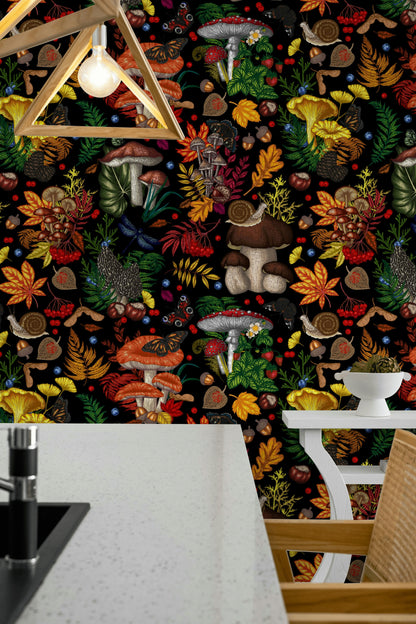 Vibrant Multicolor Forest Fungi and Leaves Wallpaper