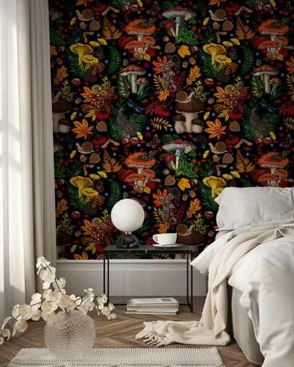 Vibrant Multicolor Forest Fungi and Leaves Wallpaper
