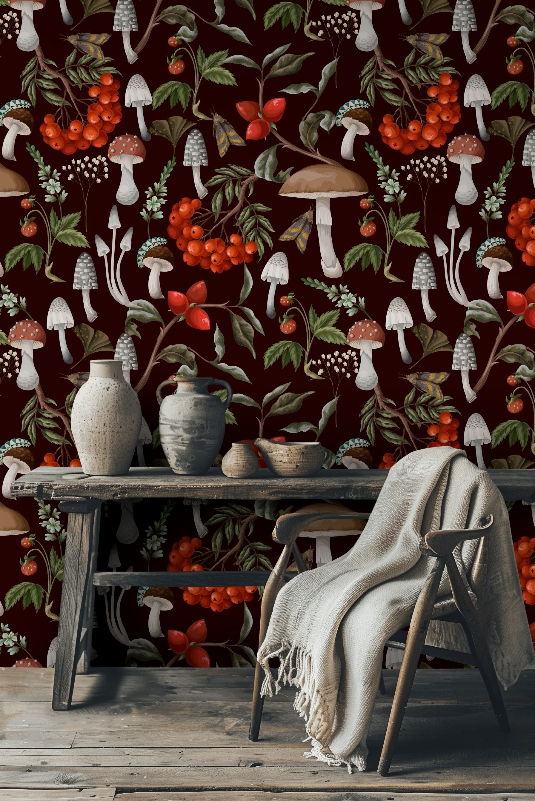 Deep Burgundy Mushroom and Berry Botanical Wallpaper