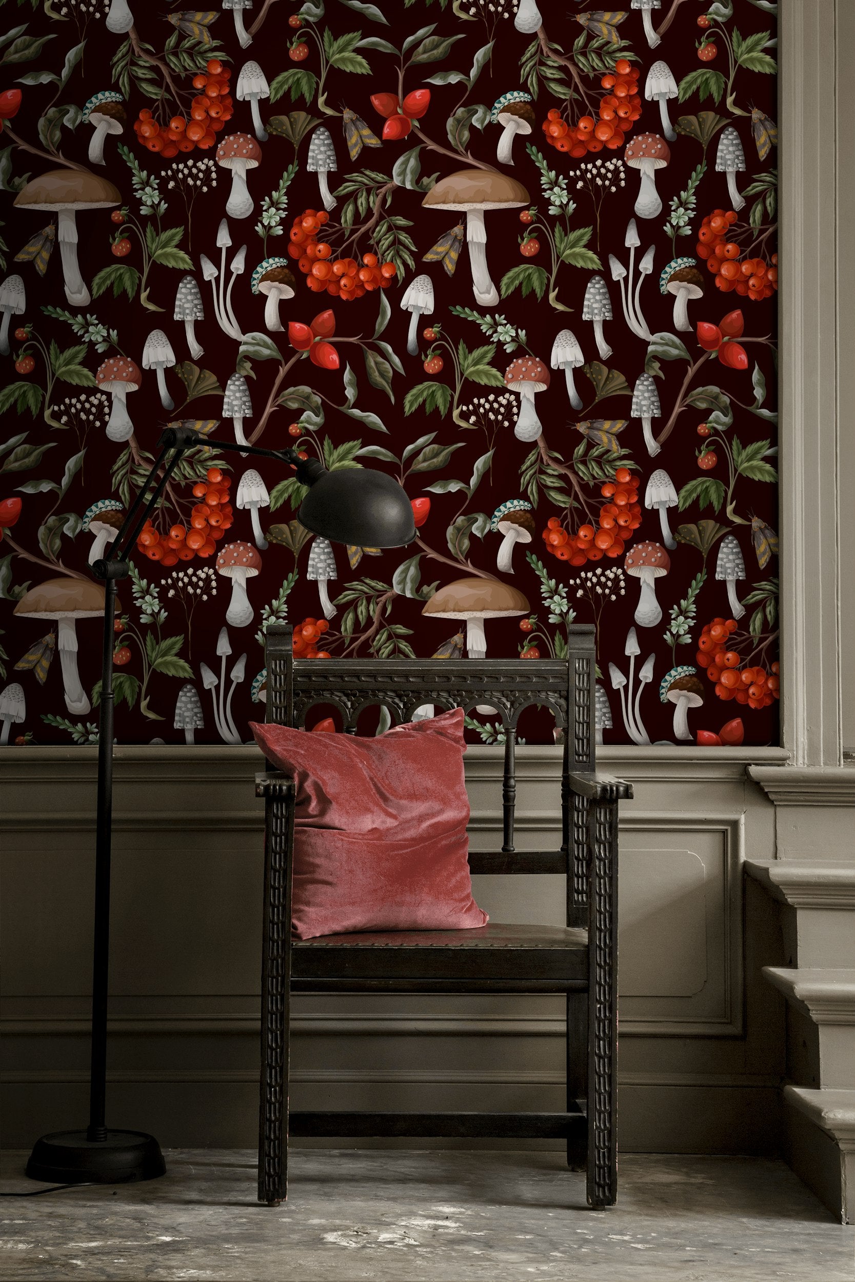 Deep Burgundy Mushroom and Berry Botanical Wallpaper
