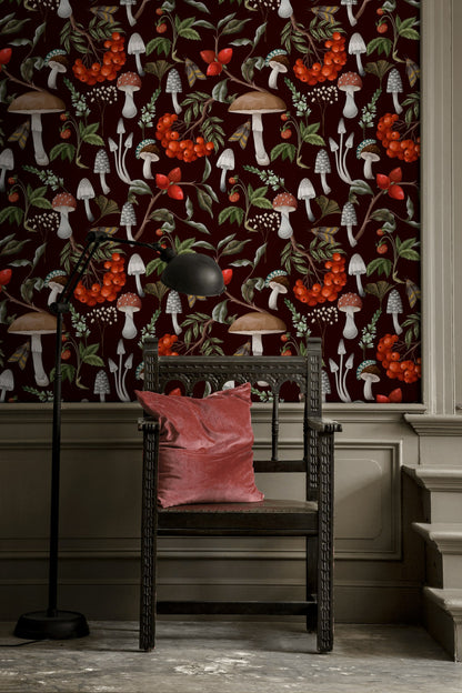 Deep Burgundy Mushroom and Berry Botanical Wallpaper