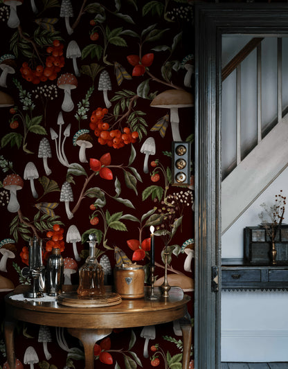 Deep Burgundy Mushroom and Berry Botanical Wallpaper