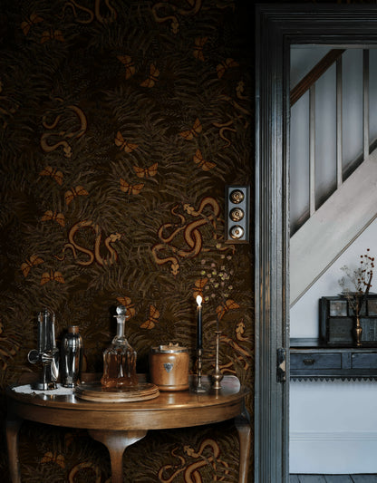 Dark Earthy Fern and Butterfly Wallpaper