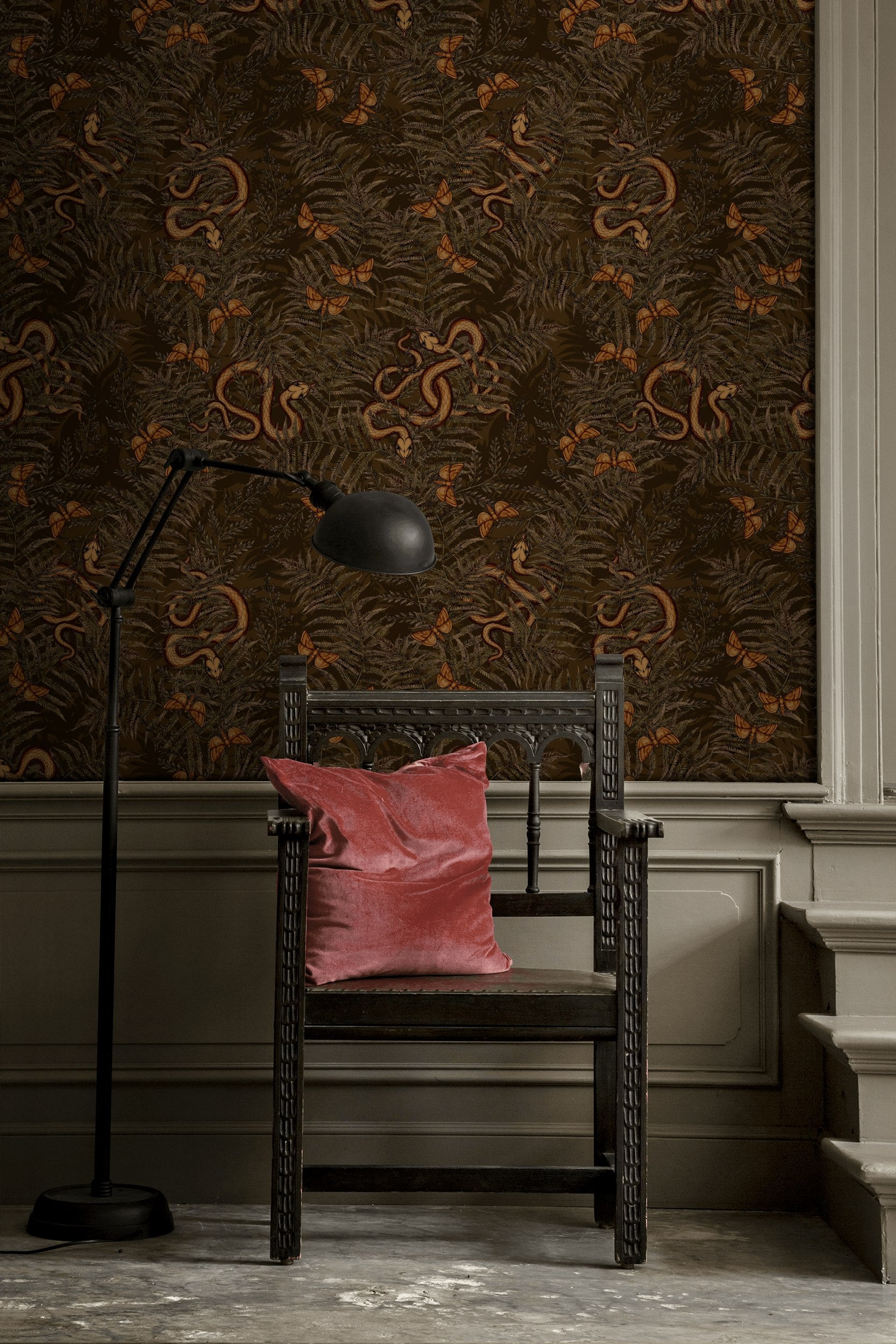 Dark Earthy Fern and Butterfly Wallpaper