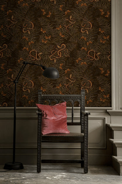 Dark Earthy Fern and Butterfly Wallpaper