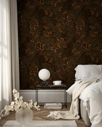 Dark Earthy Fern and Butterfly Wallpaper