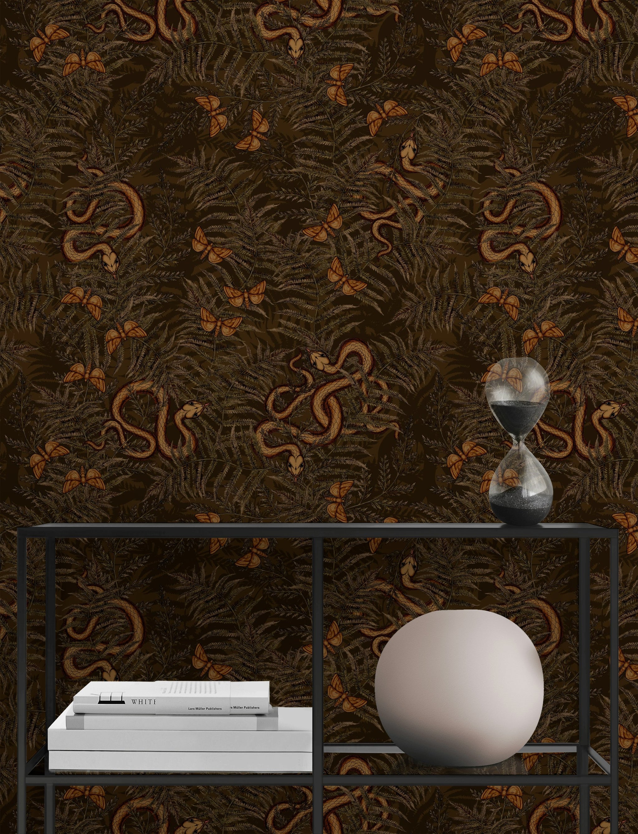 Dark Earthy Fern and Butterfly Wallpaper