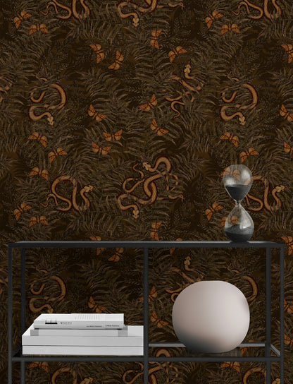 Dark Earthy Fern and Butterfly Wallpaper
