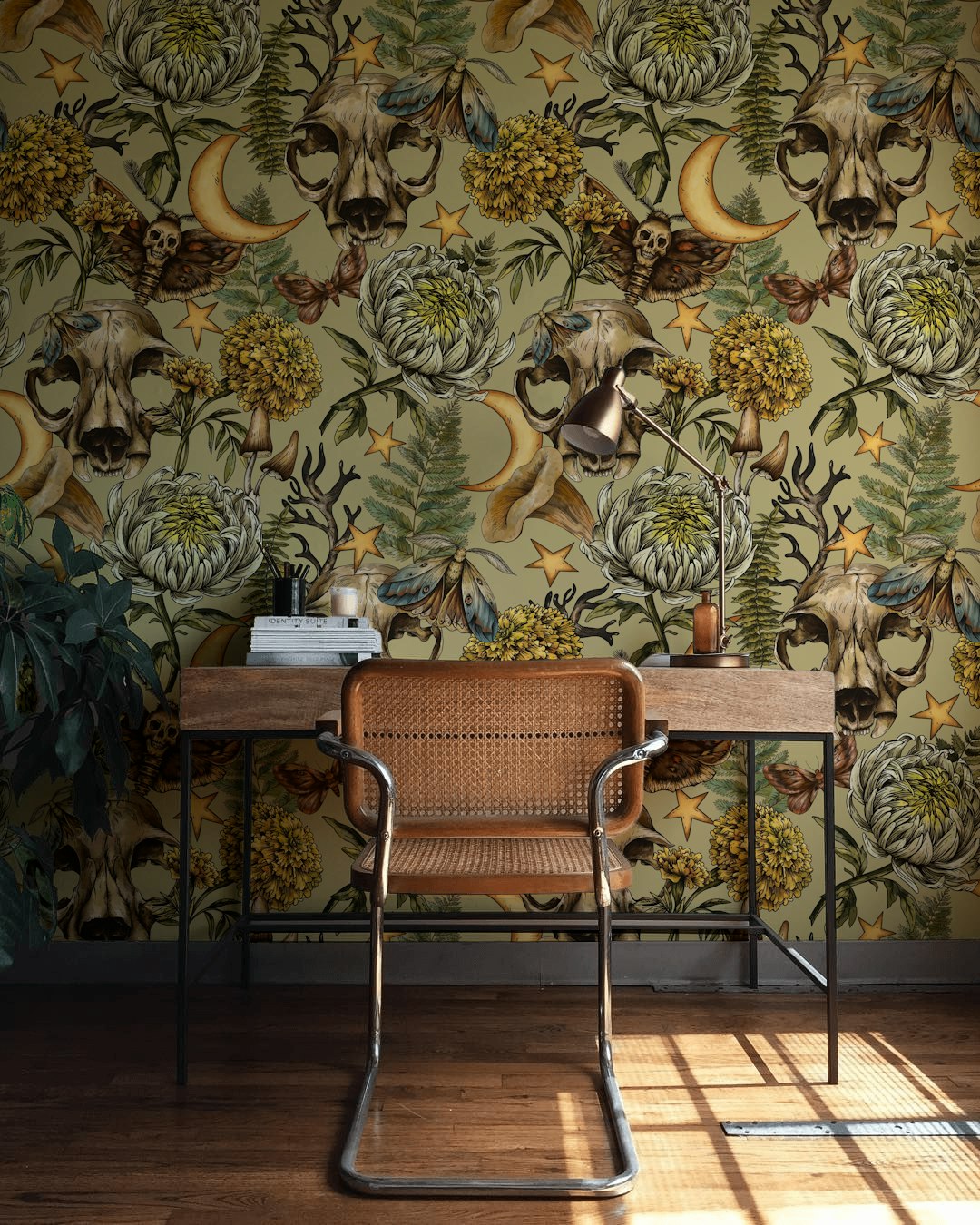 Vintage Gothic Floral Wallpaper Skulls on Sage Wall Mural