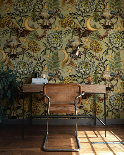 Mystical Green Skull and Botanical Fantasy Wallpaper