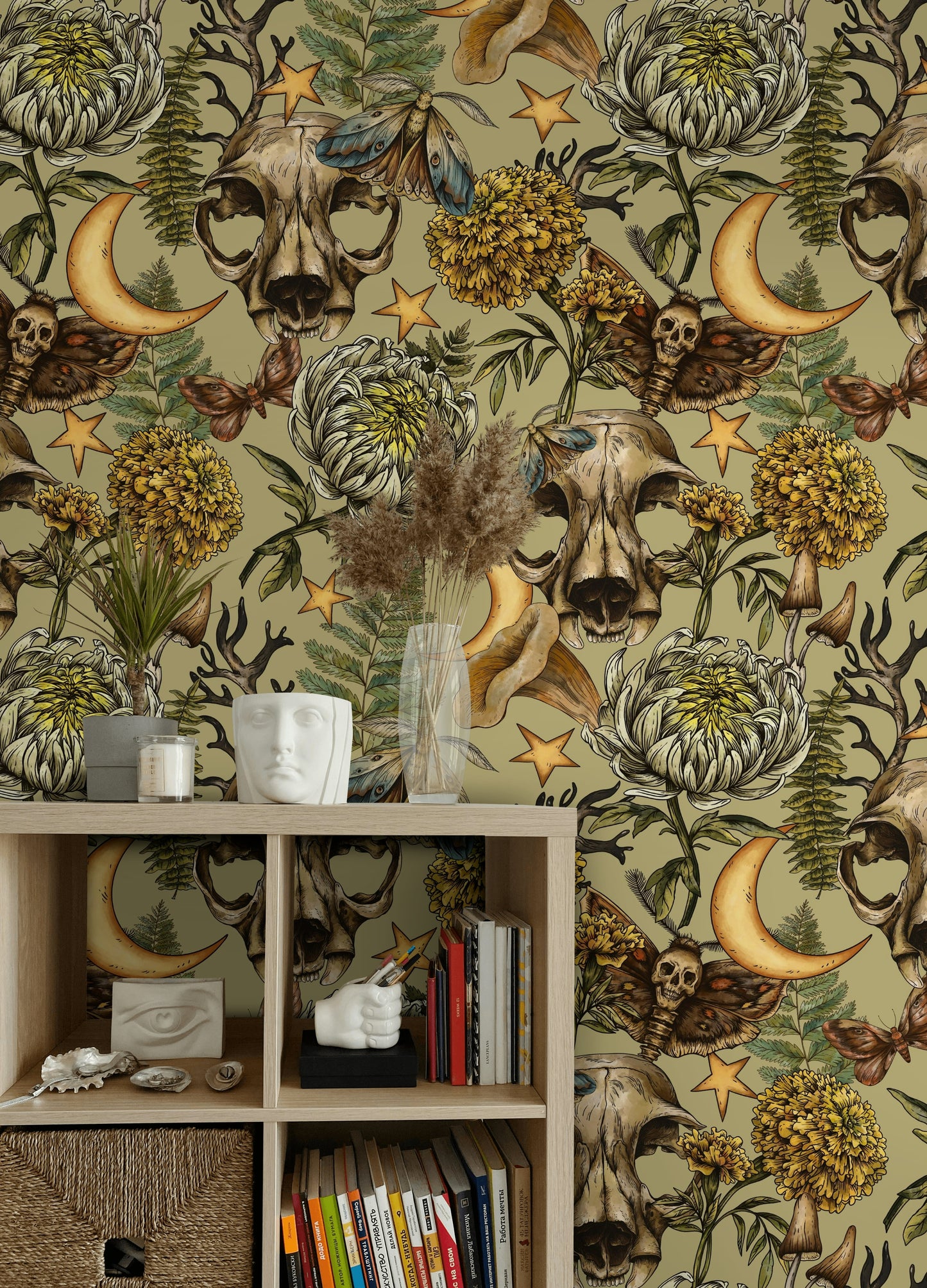 Vintage Gothic Floral Wallpaper Skulls on Sage Wall Mural
