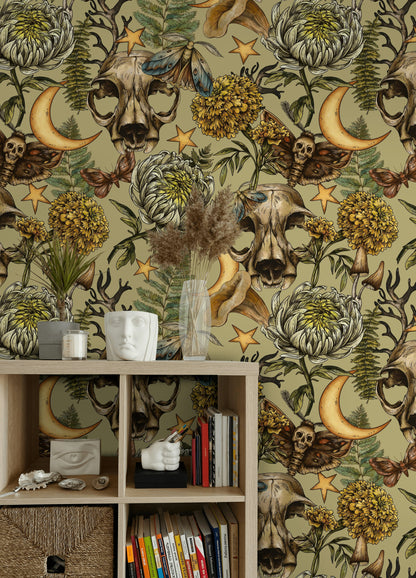 Mystical Green Skull and Botanical Fantasy Wallpaper