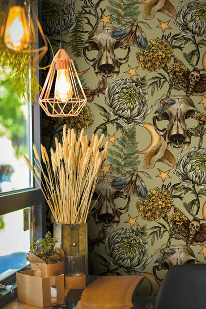Mystical Green Skull and Botanical Fantasy Wallpaper
