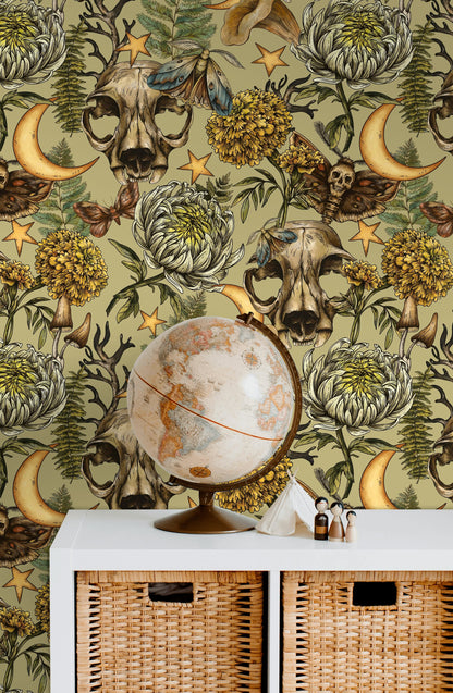 Mystical Green Skull and Botanical Fantasy Wallpaper