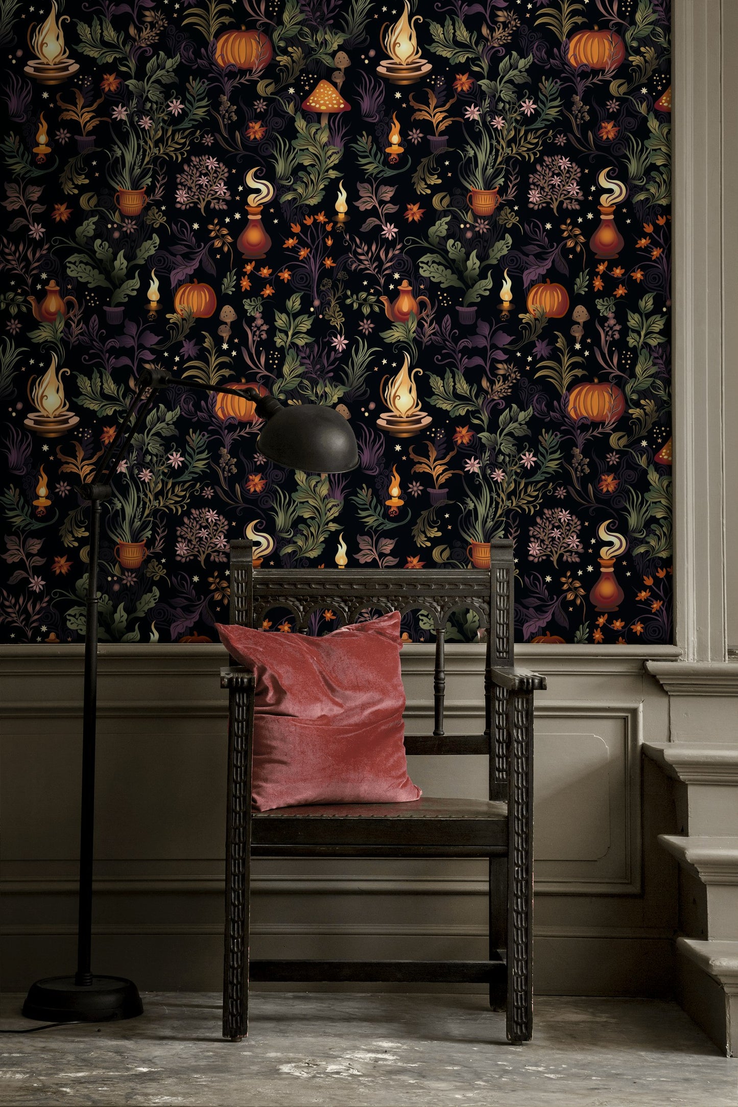 Magical Garden Wallpaper Witch Cottage Pumpkin Pattern