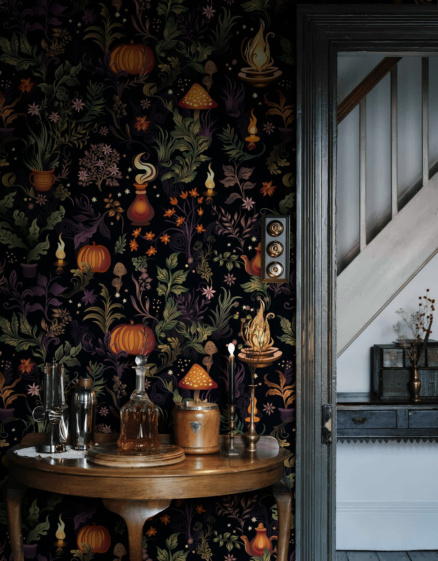 Magical Garden Wallpaper Witch Cottage Pumpkin Pattern