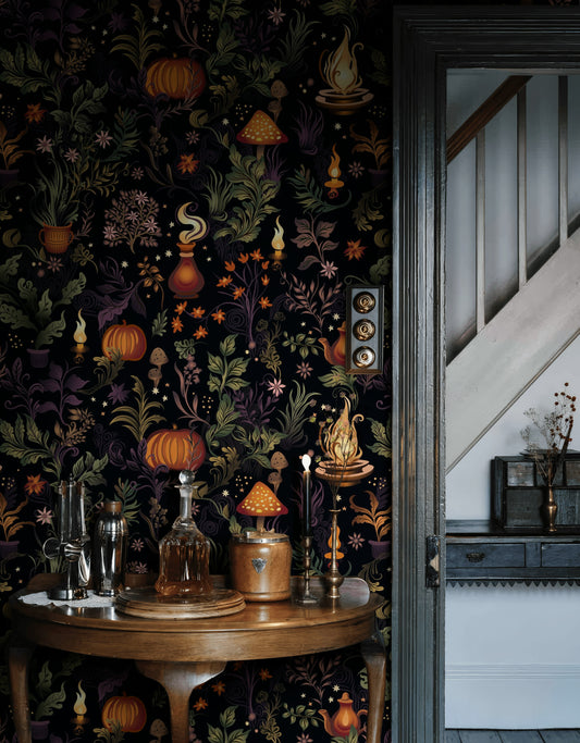 Magical Garden Wallpaper Witch Cottage Pumpkin Pattern