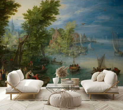 Vintage Blue and Green Lakeside Landscape Wall Mural