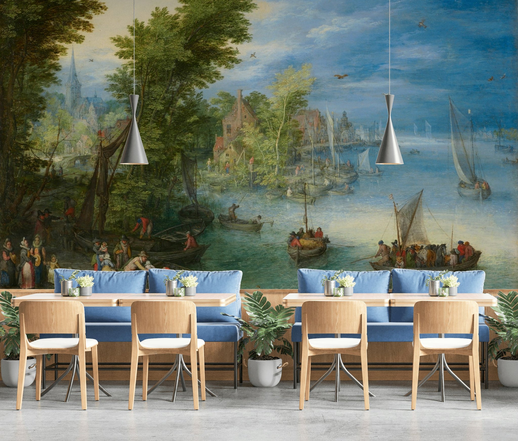 Vintage Blue and Green Lakeside Landscape Wall Mural