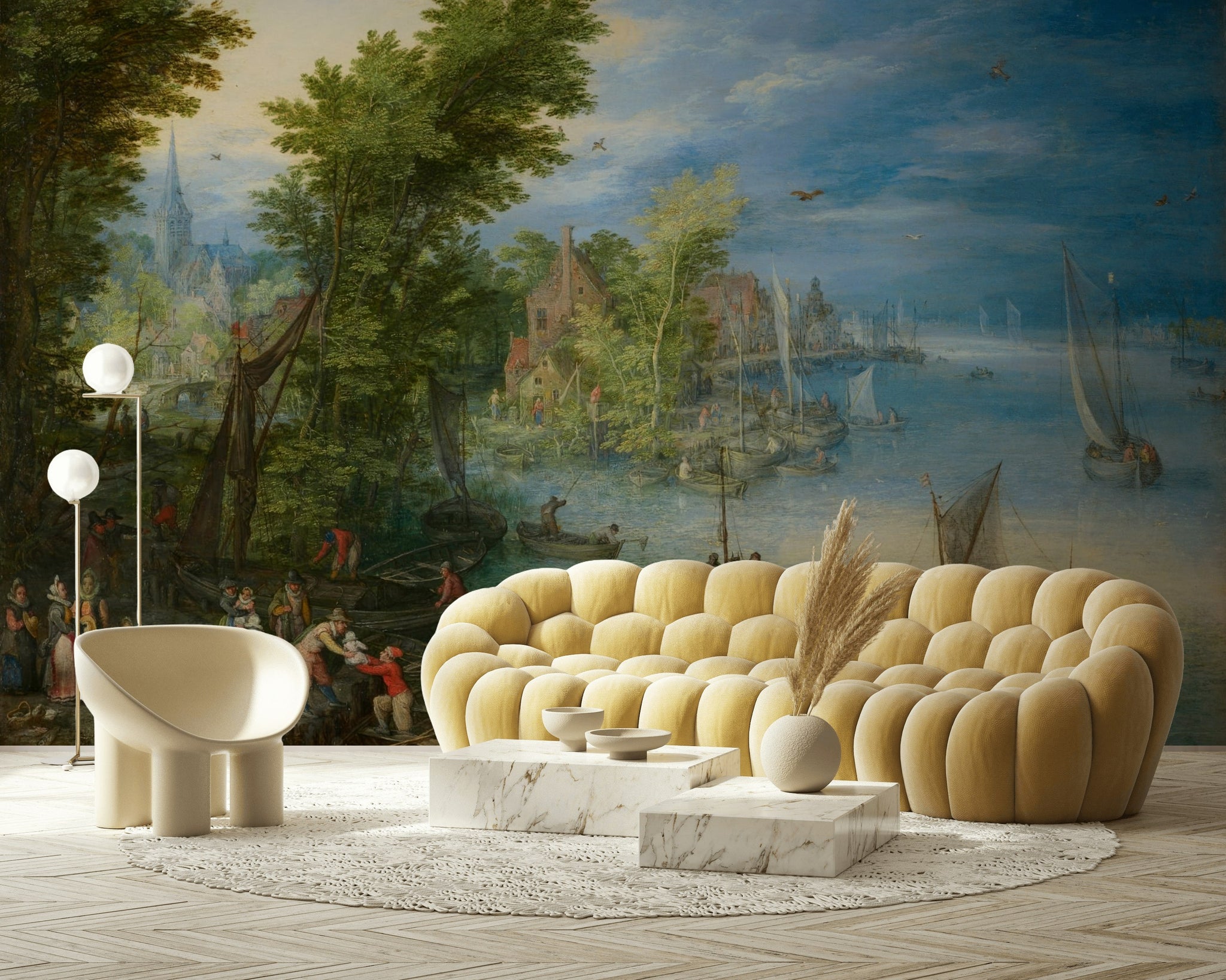 Vintage Blue and Green Lakeside Landscape Wall Mural