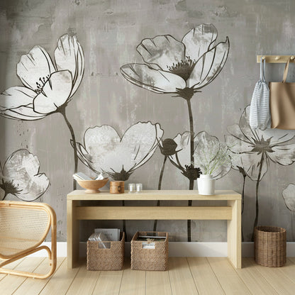 Charcoal Gray Large Flower Silhouette Wall Mural