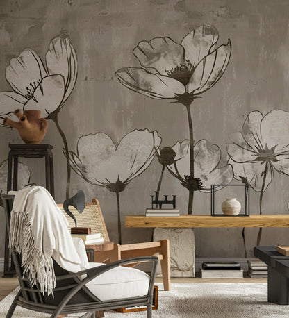 Charcoal Gray Large Flower Silhouette Wall Mural