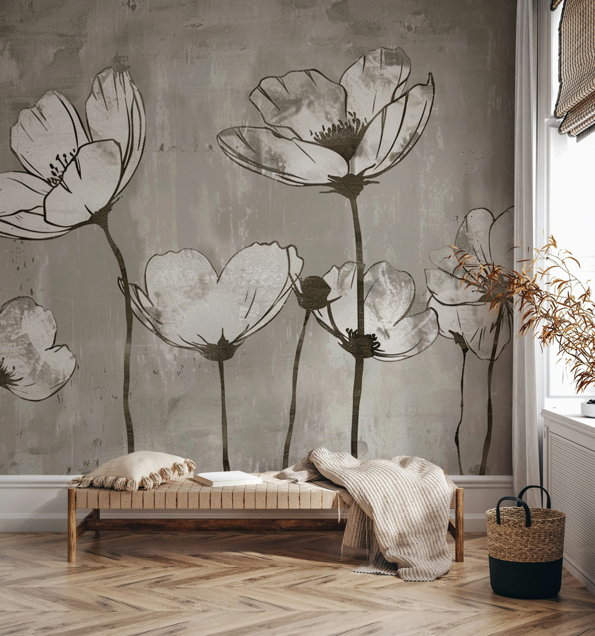 Charcoal Gray Large Flower Silhouette Wall Mural