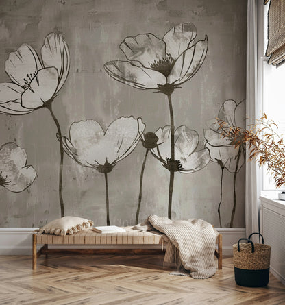 Charcoal Gray Large Flower Silhouette Wall Mural