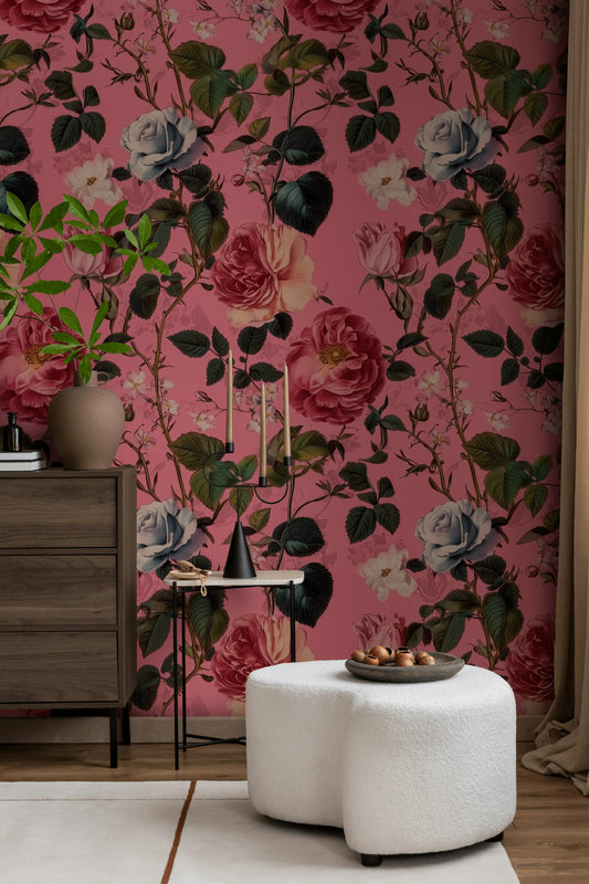 Vintage Floral Wallpaper Pink Background Romantic Rose Design