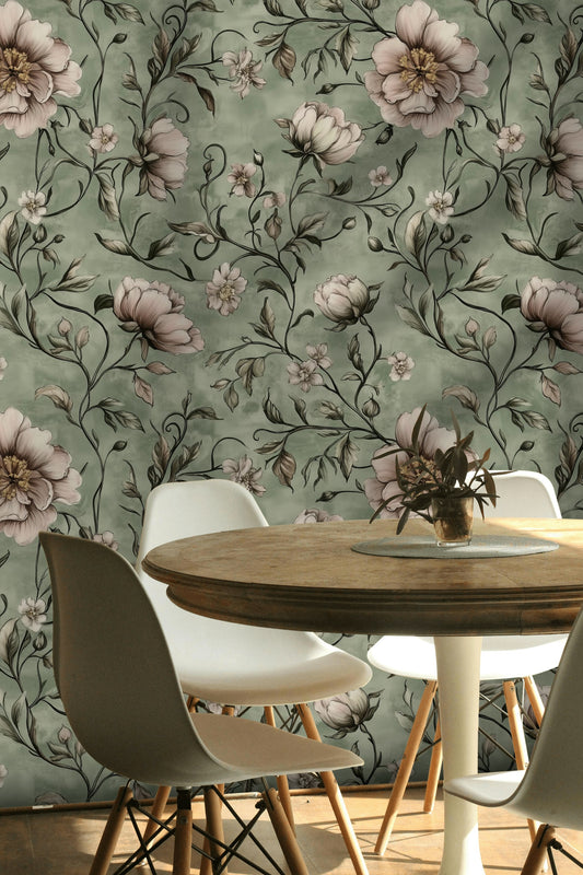 Sage Green Peony Wallpaper Exquisite Floral Accent Serene Interiors