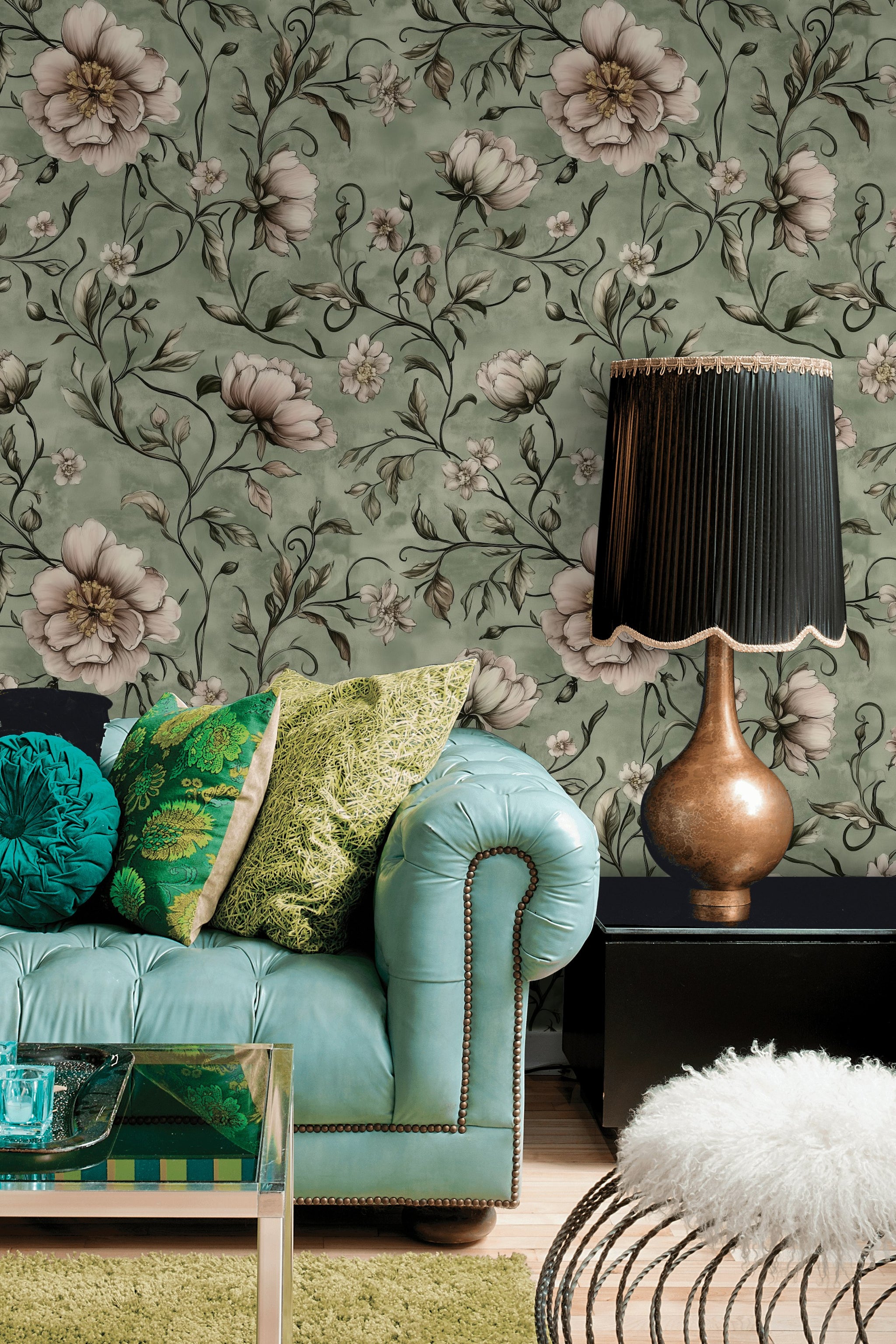 Dusty Green Peony Floral Elegance Wallpaper