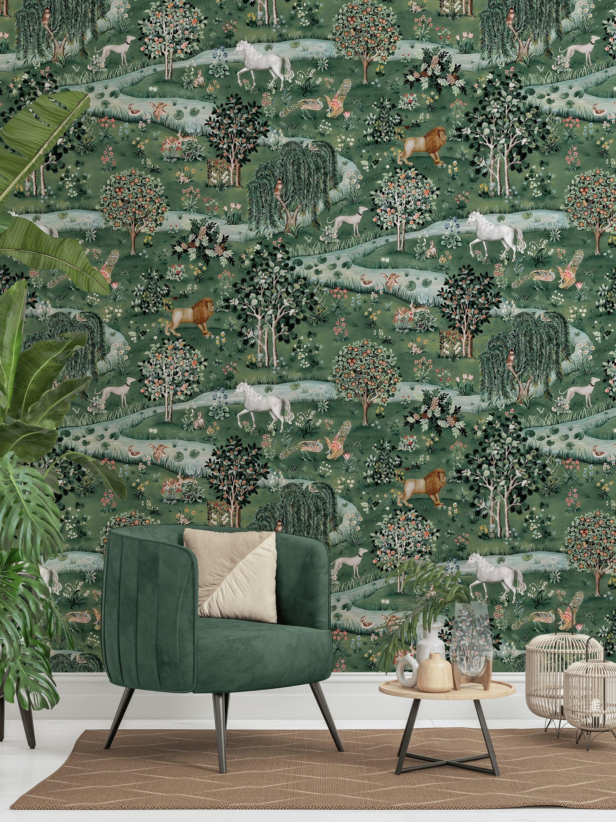 Woodland Animal Wallpaper Green Forest Scenic Wall Mural