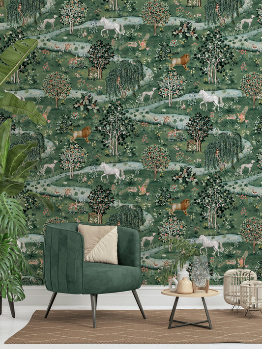 Woodland Animal Wallpaper Green Forest Scenic Wall Mural