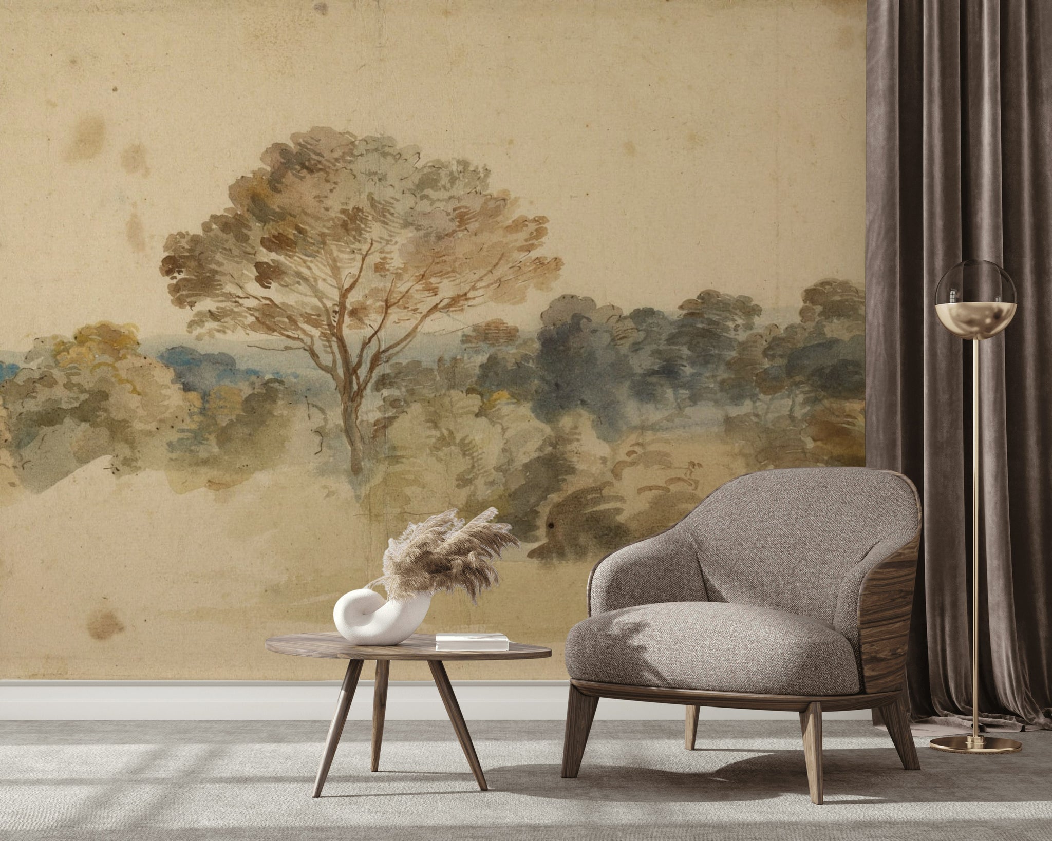 Beige Vintage Landscape Nature Wall Mural