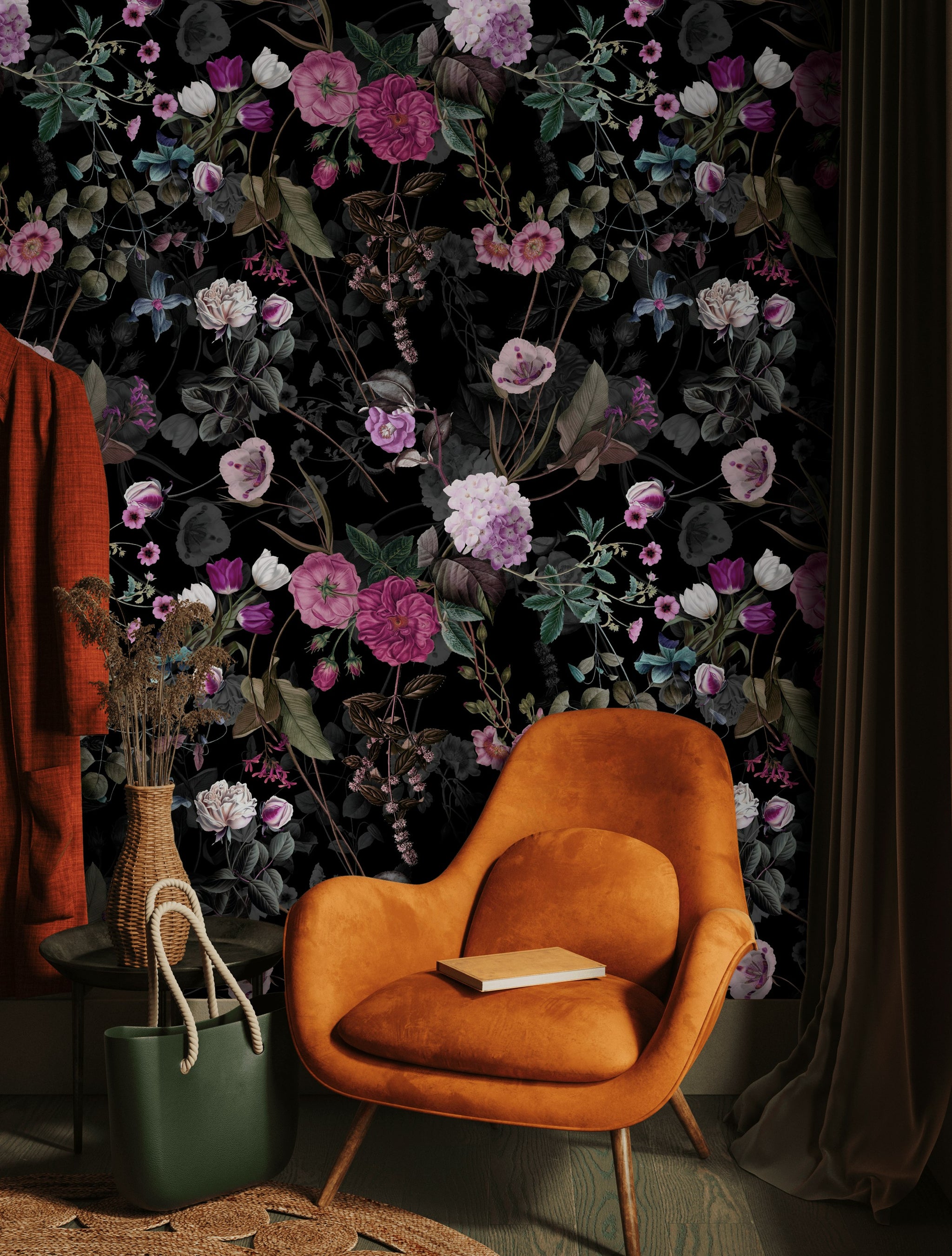 Dark Botanical Rose Floral Wallpaper