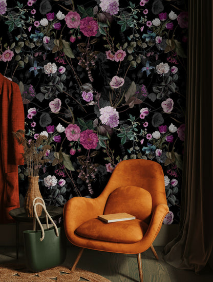 Dark Botanical Rose Floral Wallpaper