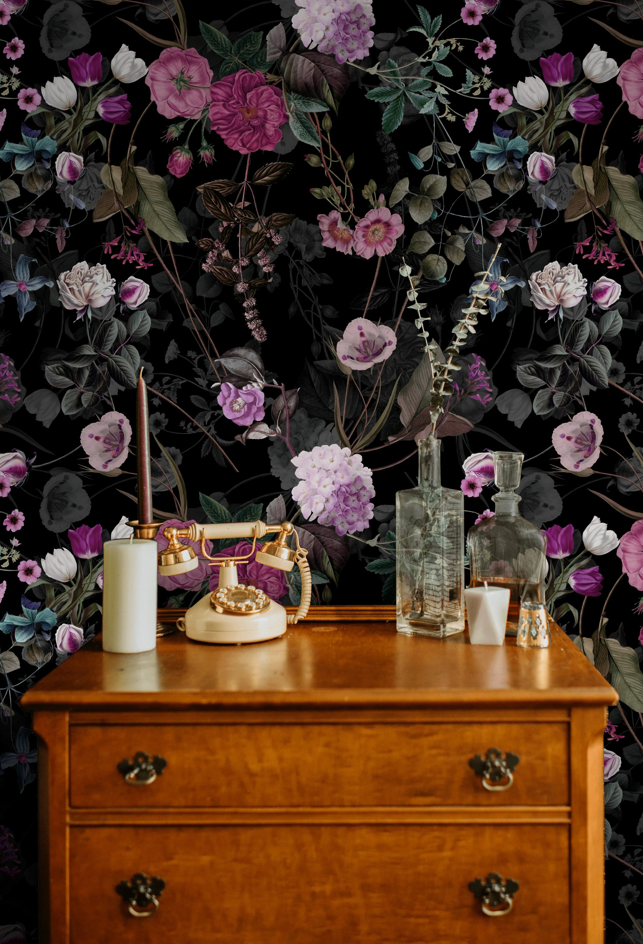 Dark Botanical Rose Floral Wallpaper