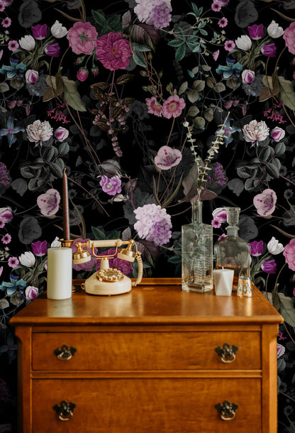 Dark Botanical Rose Floral Wallpaper