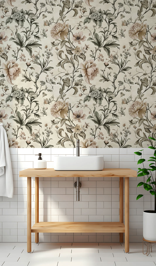 Neutral Peony Wallpaper Elegant Vintage Botanical Decor