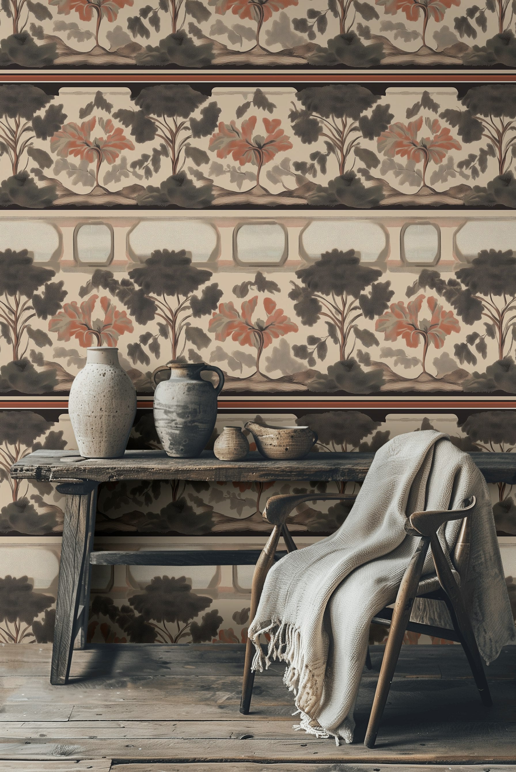 Warm Beige Vintage Tree Pattern Wallpaper